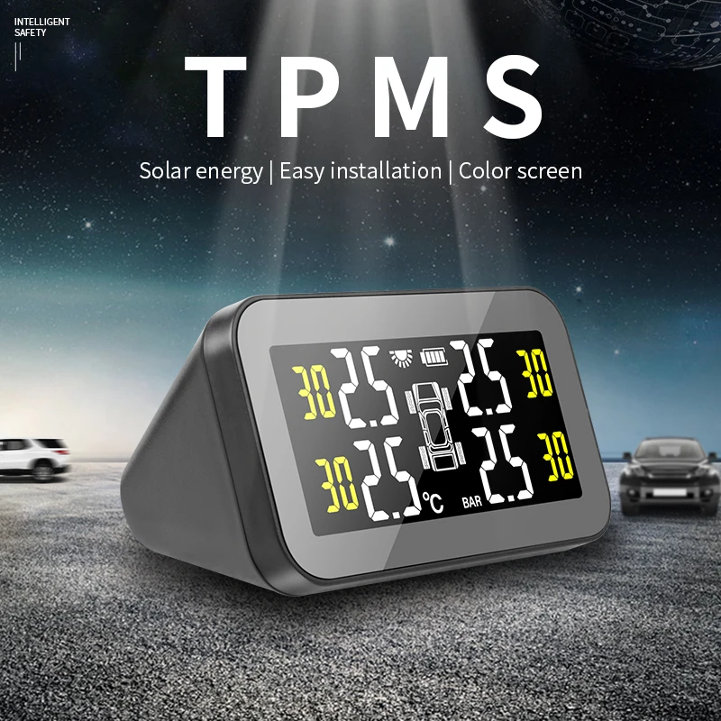 JMCQ Solar TPMS Car Tire Pressure Monitoring System Big Color Screen Intelligent Temperature Warning Fuel Save 4 Sensors