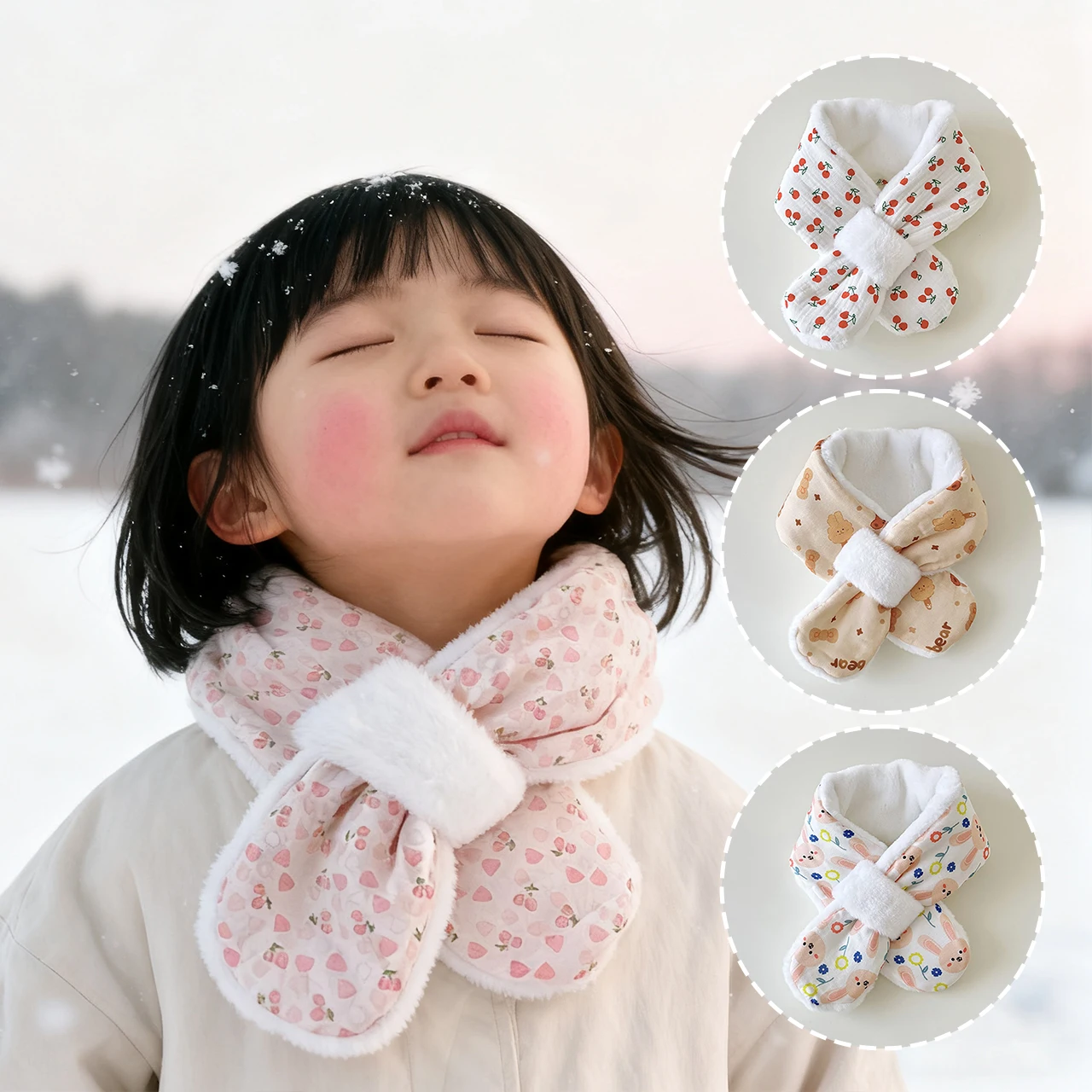 قفازات أطفال لطيفة ورائعة للشتاء الدافئ من زهور الكرز على شكل أرنب ناعمة وسميكة ومضادة للبرد قفازات متقاطعة للفتيات الصغيرات منديل للأطفال