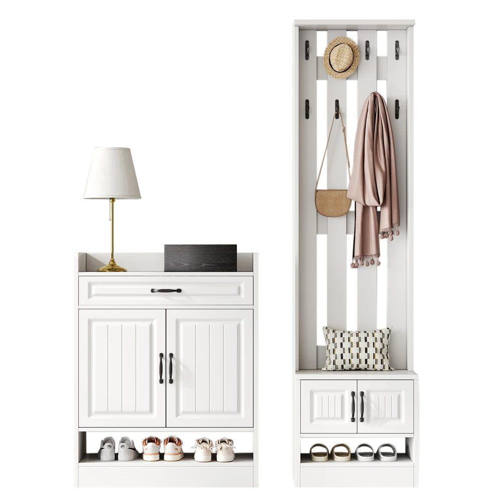 PINGGO Garderobenset, Wandschrank mit Schuhregal, 8 Haken, 4 Türen, 1 Schublade, weiße Flurmöbel, 125 x 36 x 190 cm – Detail 18