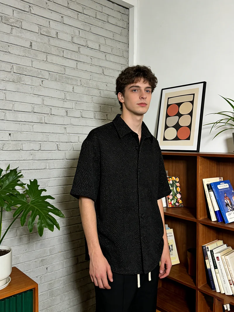 

Men's Short Sleeve Shirt with Stand - out Abstract Ink Stroke Print | Oversize Loose Fit for Summer Casual | Layered Style Compa