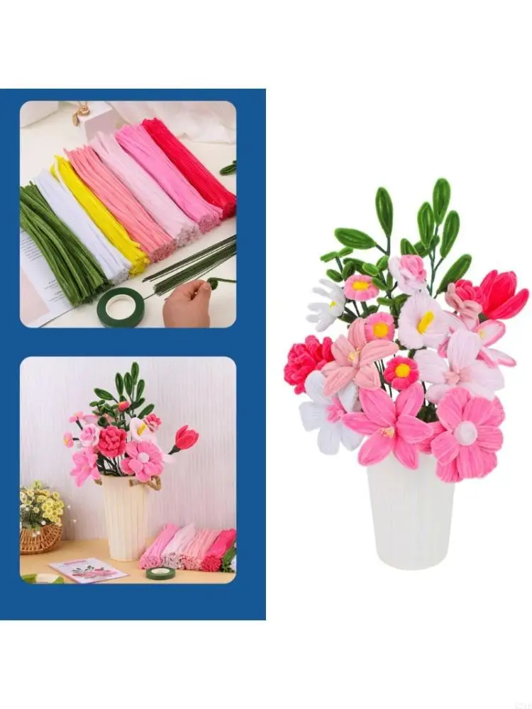 550Pcs Educational Plush Stems Bouquets for Handmade Art Craft Beginner Pipe Cleaners Flower Set for Wedding Decoration 