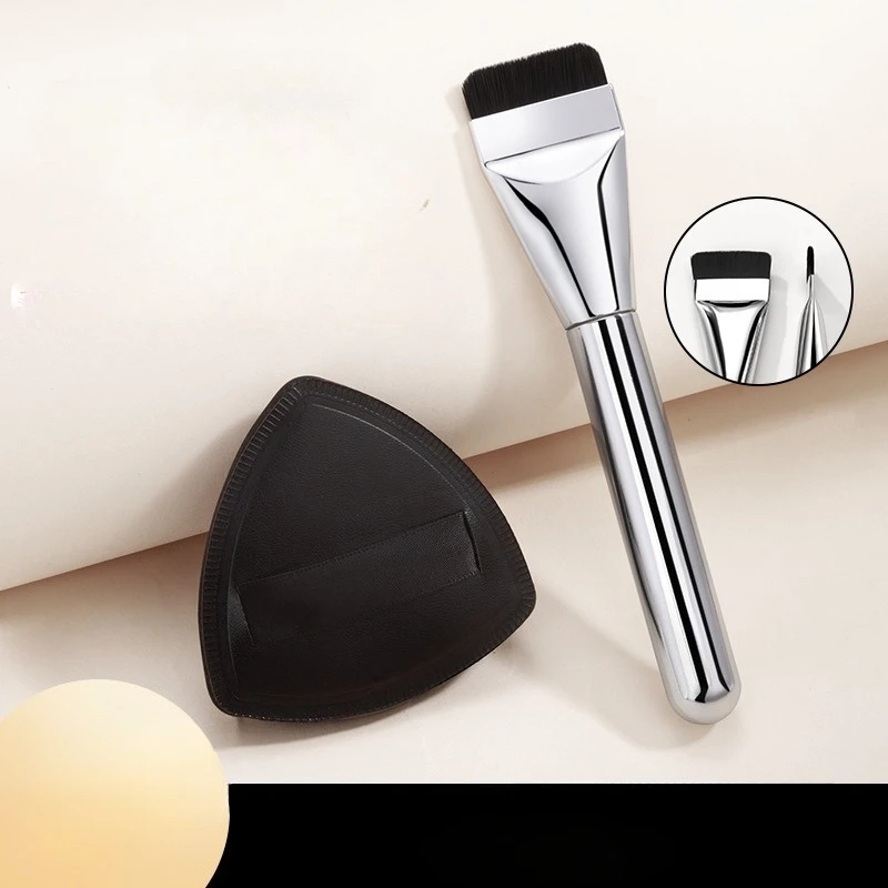 فرشاة مكياج 3 في 1، فرشاة كابوكي مسطحة مع إسفنجة غير ماصة، حقيبة تخزين للسفر، توفر كريم الأساس السائل، صديق للسفر