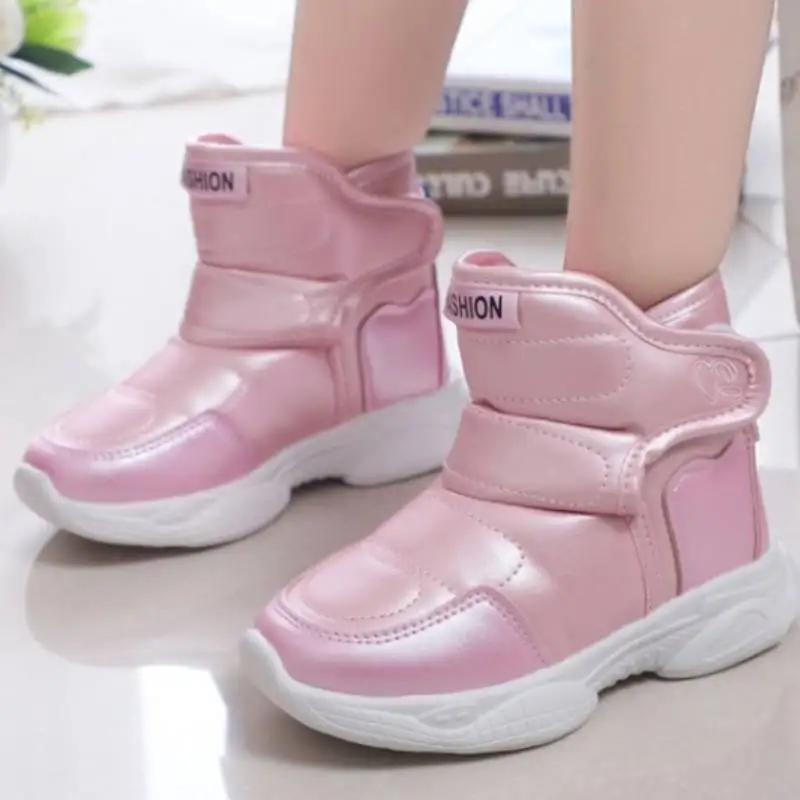 2024 Winter Snow Boots for Girls PU Leather Waterproof Thicking Plush Warm Cotton Shoes Anti-slippery Children Outdoor Sneakers