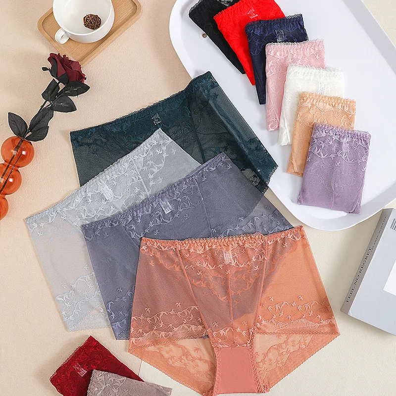 

13 color new jacquard middle and high waist sexy hollow transparent lace underwear for women Panties Lace sexy lingerie Panties