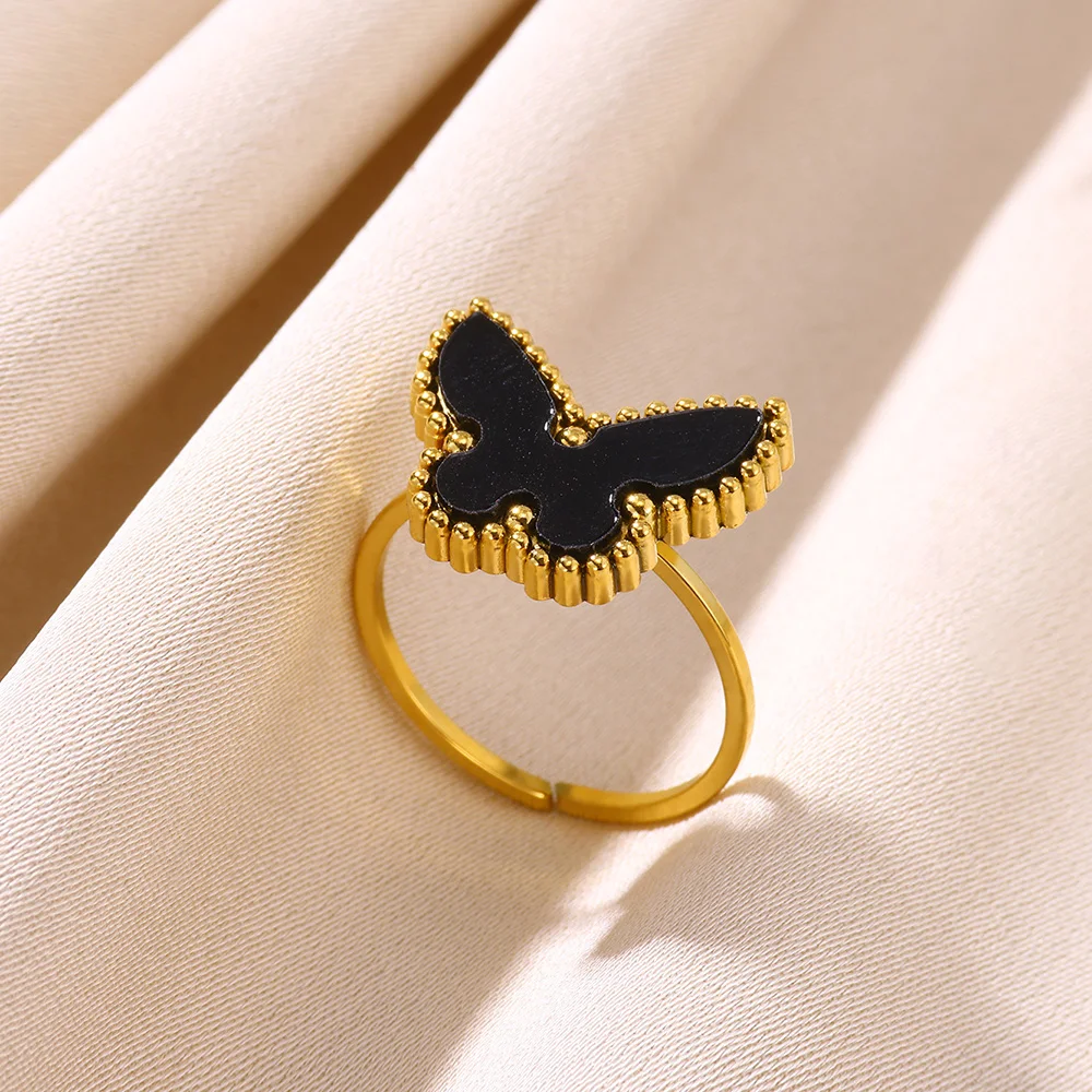 Stainless Steel Jewelry Cute Butterfly Acrylic Rings For Women 18 K Gold Color Romance Minimalism Open Finge Ring 2024 New In