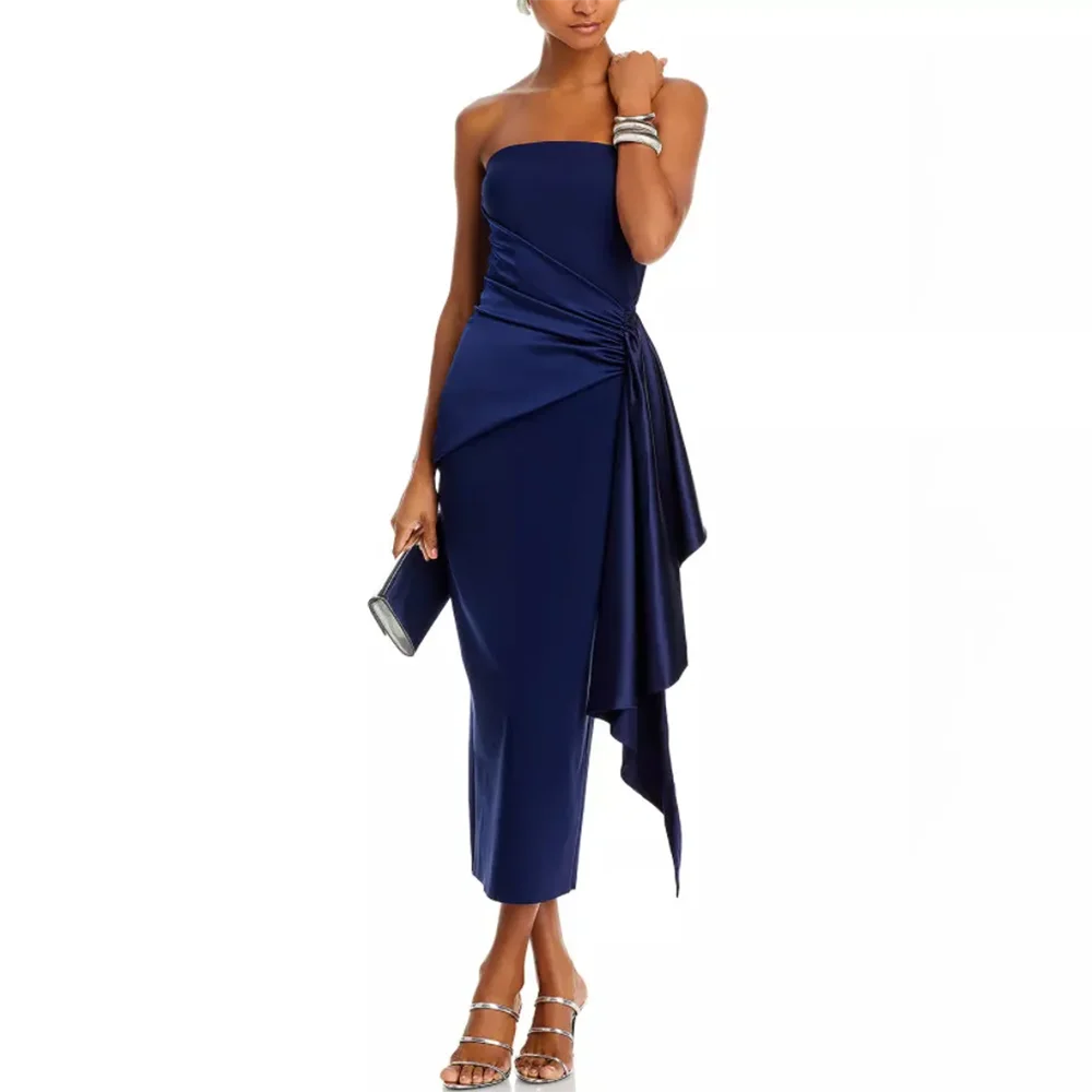 

Elegant Short Navy Blue Crepe Prom Dresses With Ruffles Sheath Pleated Strapless Above Ankle Length Party Dress