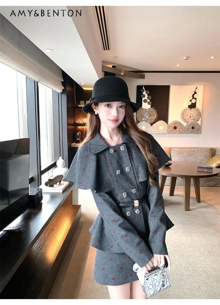 

2025 Autumn Winter New French Double-Breasted Waist-Cinching Cape Wool Coat High-Waisted A-Line Skirt Two-Piece Set