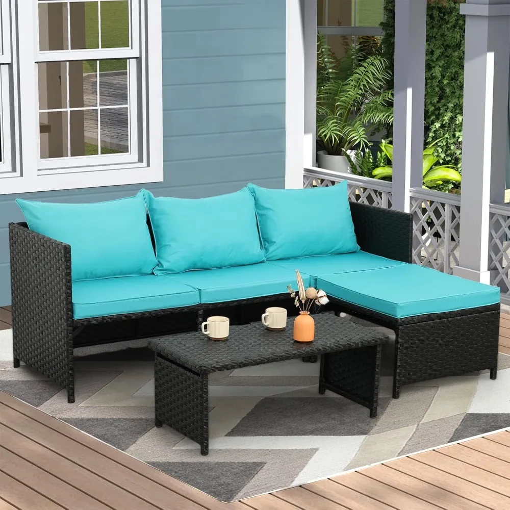 

3-piece outdoor PE rattan furniture set, courtyard black willow conversation sofa, split sofa, turquoise cushion
