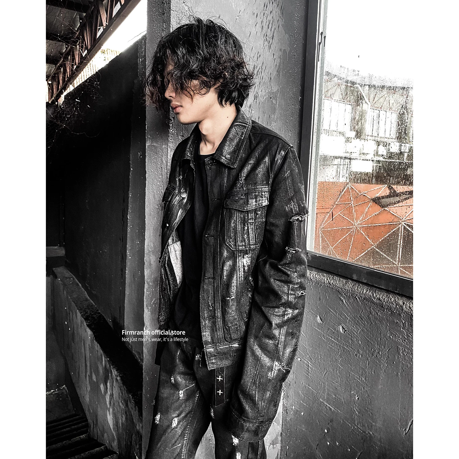 

Firmranch American Streetwear Retro Black Waxed Lapel Hand-torn Heavily Distressed Denim Jacket For Men Women Short Jeans Coat