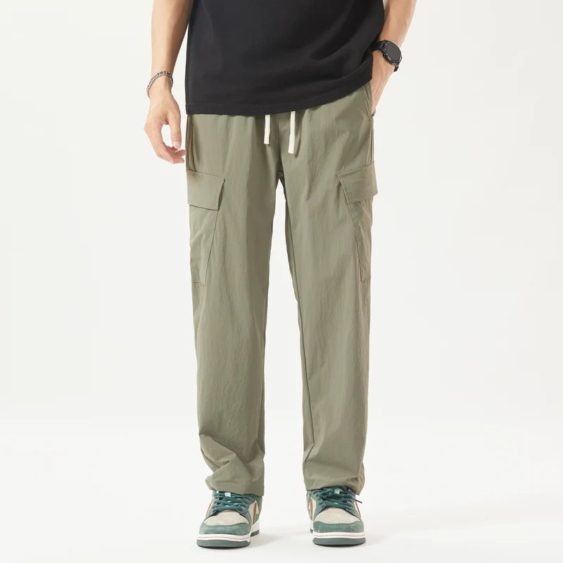 

Solid Color Pockets Elastic High Waisted Men's Bandage Drawstring Spring Autumn Cargo Trousers Straight Preppy Style Pants