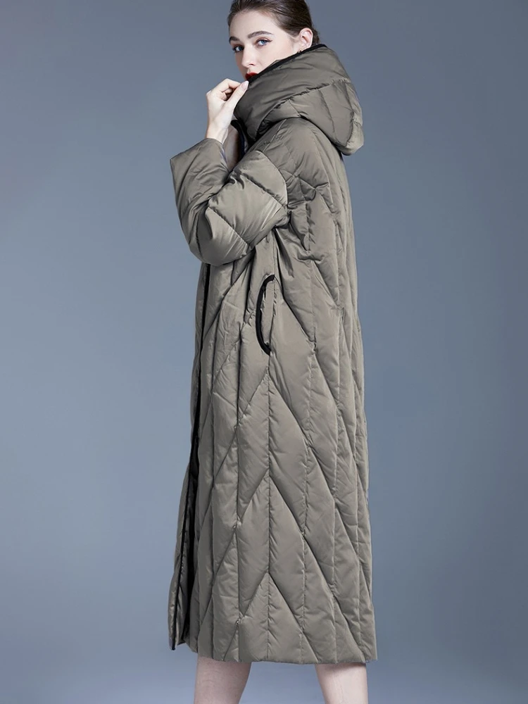 Nueva chaqueta de plumón larga de gran tamaño para mujer, chaqueta acolchada por encima de la rodilla, abrigo de invierno grueso con capucha de plumón de pato blanco, abrigos acolchados