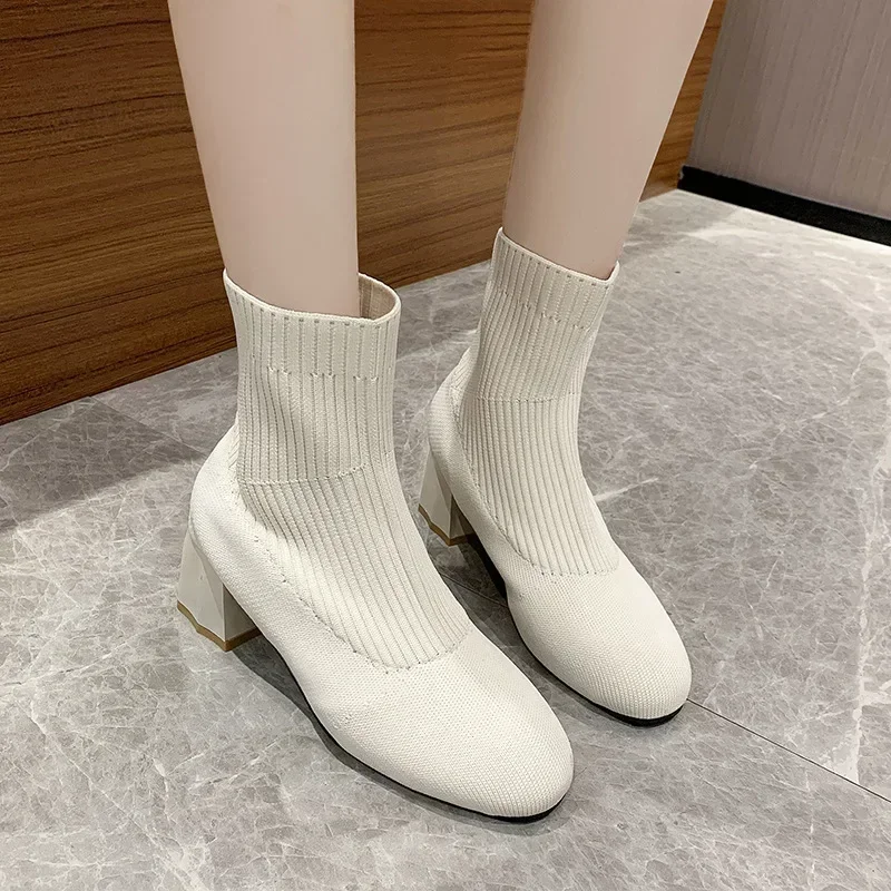 2024 Knitted Ankle Boots for Women Autumn Round-toe Thick Sole Slip on Casual Shoes Woman Light Non Slip Platform Botas Mujer