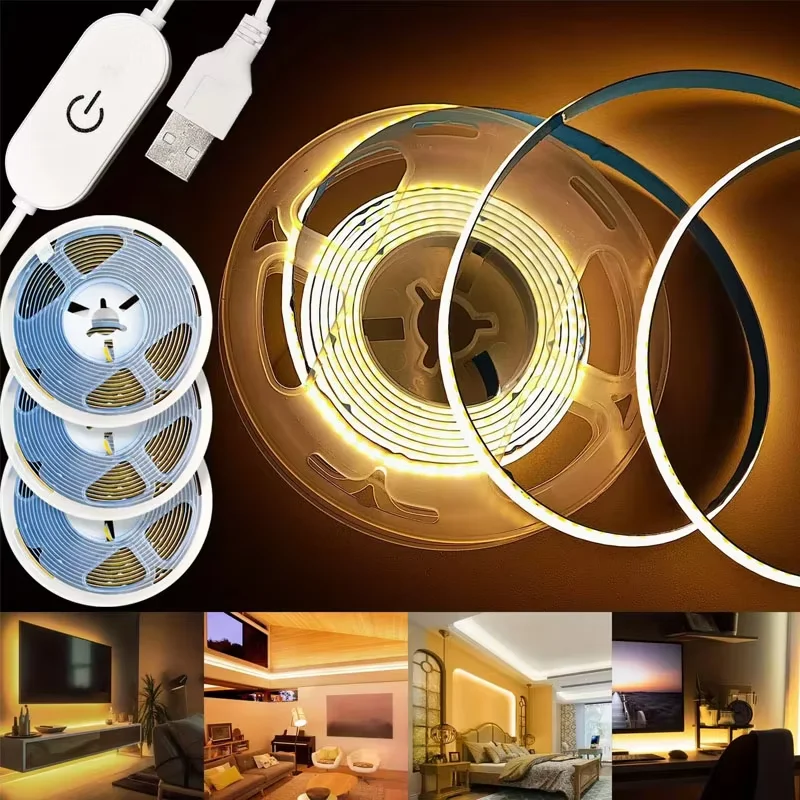 1m-5m USB COB LED Strip Light 5V 320LEDs/m DIY TV Mirror Backlight Flexible Ribbon Tape Touch Sensor Dimmable Kitchen Room Lamp