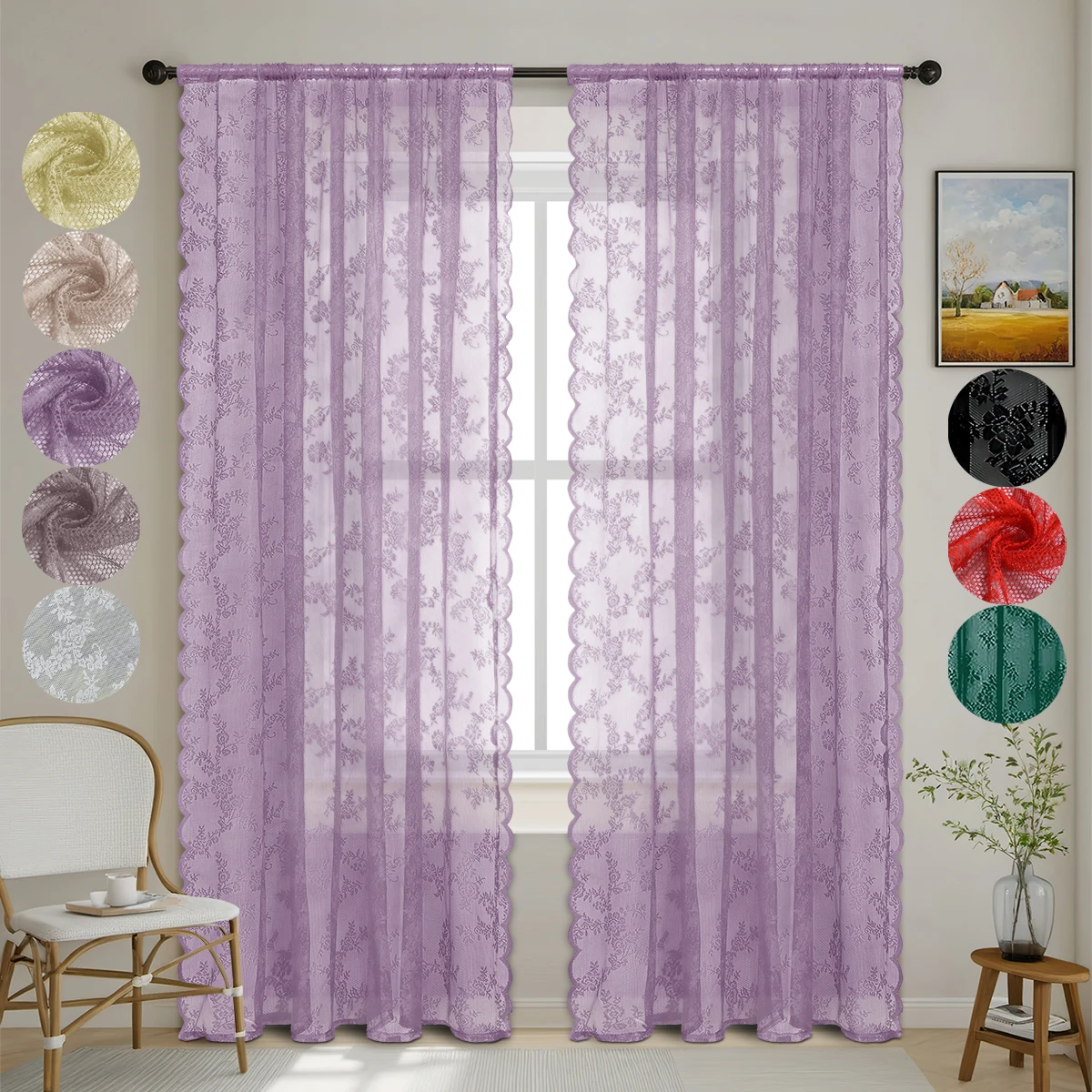 1 cortina transparente de encaje con bolsillo para barra, cortinas de ventana de flores para sala de estar, dormitorio, decoración del hogar, cribado 
