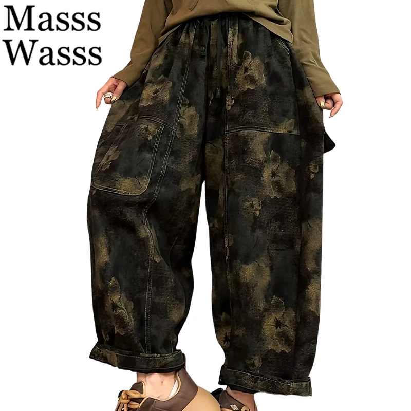 

Mass Wasss Осенние модные джинсы-шаровары Женские винтажные классические джинсовые брюки с цветочным принтом Женские брюки с эластичной резинкой на талии с принтом