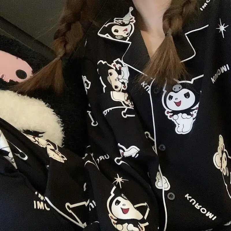 

Брюки Sanrio, 2 шт., пижамы Kuromi в весенне-осеннем стиле, хлопковые брюки, кардиган, милый модный комплект домашней одежды с героями мультфильмов, хит продаж