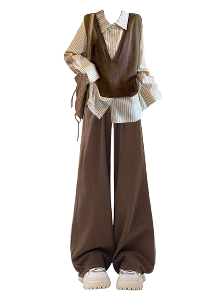 Retro Hong Kong Sle Layered Winter Faion Gilet lavorato a maglia irt da donna Pantaloni dritti a gamba larga Set Ele Casual Outfit