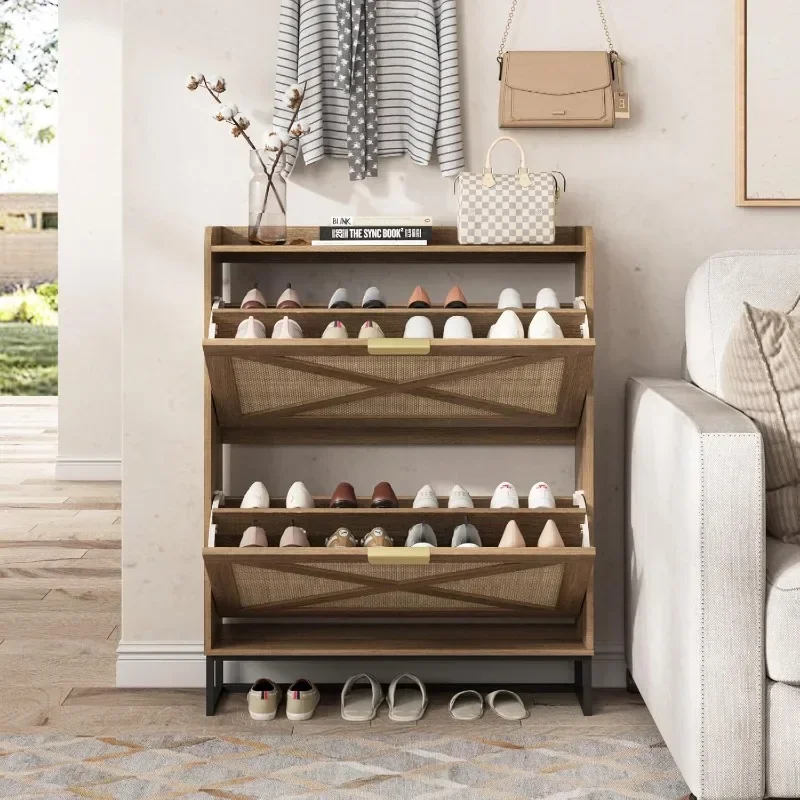 Shoe Storage Cabinet with 2 Rattan Flip Drawers, Freestanding Organizer with Metal Legs for Entryway, Narrow Shoe Rack Cabinet