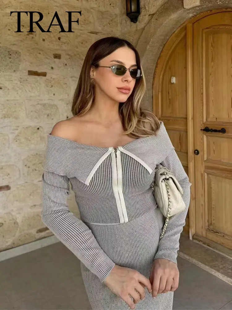 TRAF 2024 Spring Woman's Sets Turn-Down Collar Long Sleeves Zipper Cardigan Top + High Waist Chic Elegant Slim Female Long Skirt