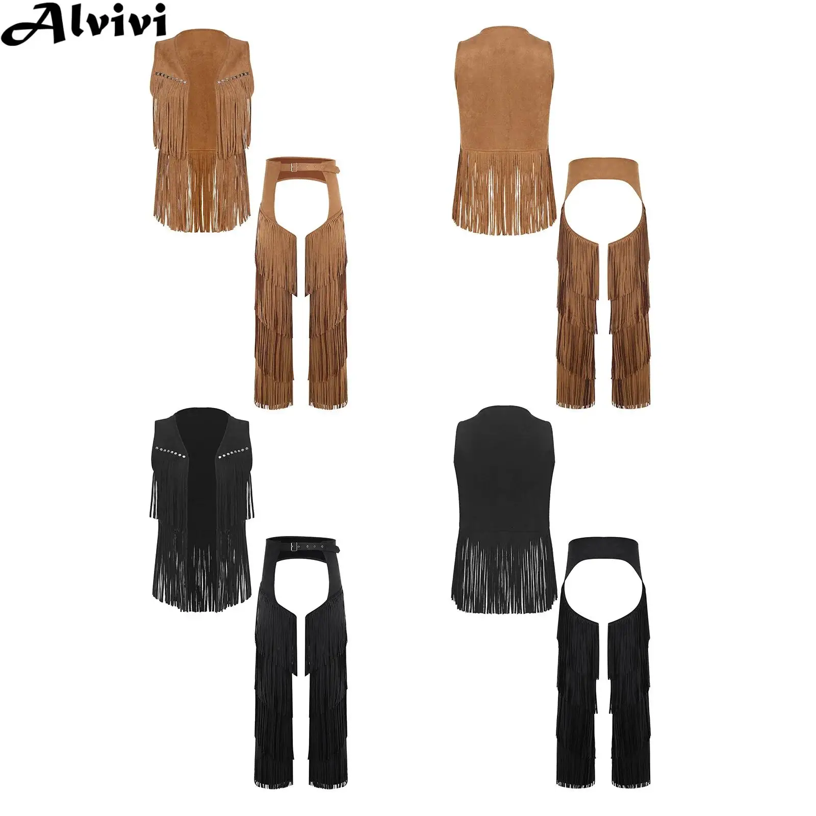 

Men Faux Suede Rave Party Clubwear Halloween Carnival Western Cowboy Hippie Cosplay Costume Tassel Vest with Crotchless Pants