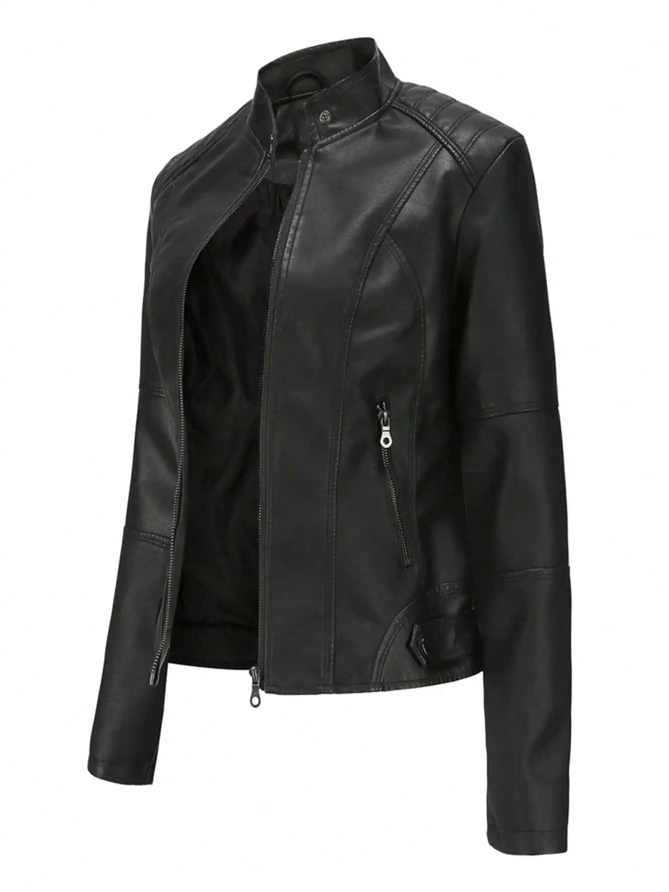 

Women's Slim Fit Faux Leather Moto Jacket with Stand Collar, Lightweight Spring Autumn Bomber Style