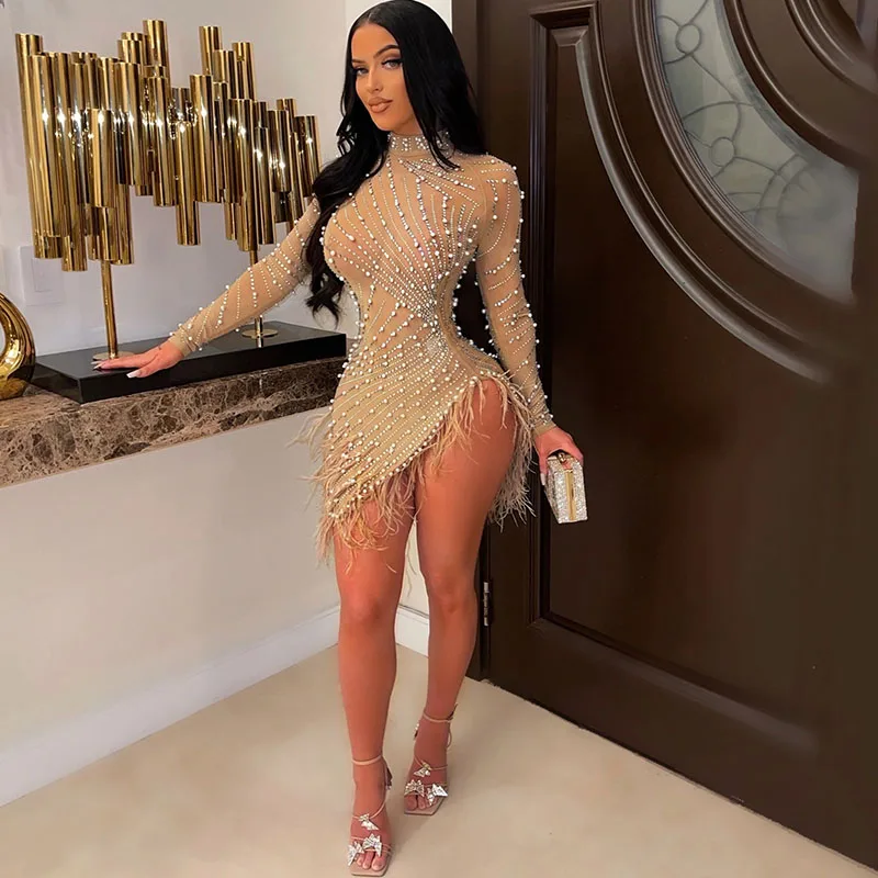 Sexy Pearls Rhinestone Party Dresses Women Elegance Nightclub Feather Birthday Dress Long Sleeve Mesh Sheer Bodycon Mini Dress