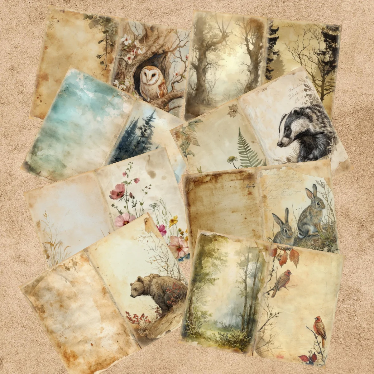 16 Sheets A5 Size Wild Animals Forest Lakeside Background Vintage Grunge Journal Planning Scrapbooking