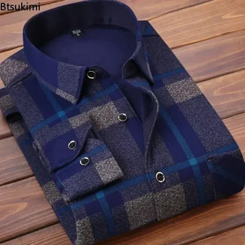 Fashion New Men's Casual Warm Shirts Autumn Winter Long Sleeve Plaid Printed Fleece Thicker Shirt Business Social Blouse for Men