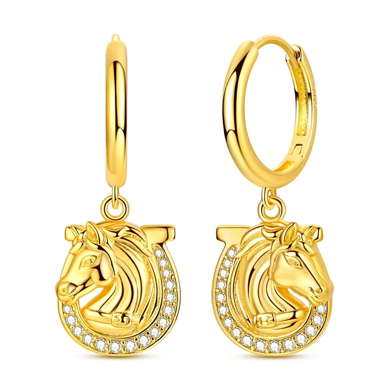 

925 Sterling Silver Earrings Women Sparkling Golden Horse Head Horseshoe Drop Earring For Anniversary Wedding Jewelry Gifts