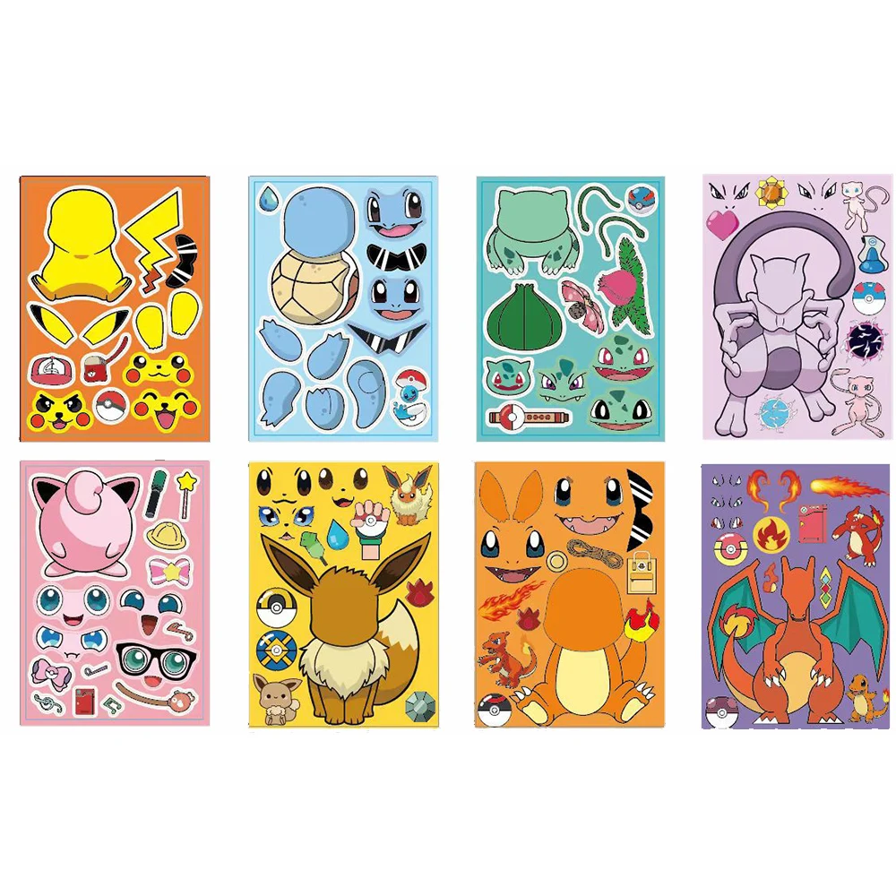 

8/16Sheets Pokemon Children DIY Anime Puzzle Stickers Make-a-Face Assemble Funny Cartoon Decal Assemble Jigsaw Boy Kids Toy Gift