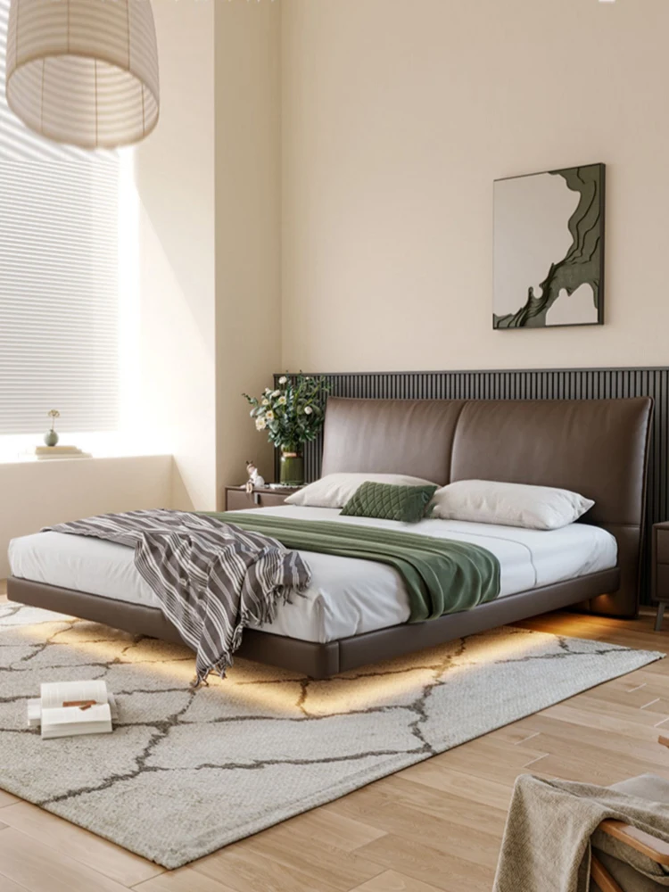 Italian suspension bed 2023 new light luxury master bedroom simple modern extremely simple first layer cowhide leather