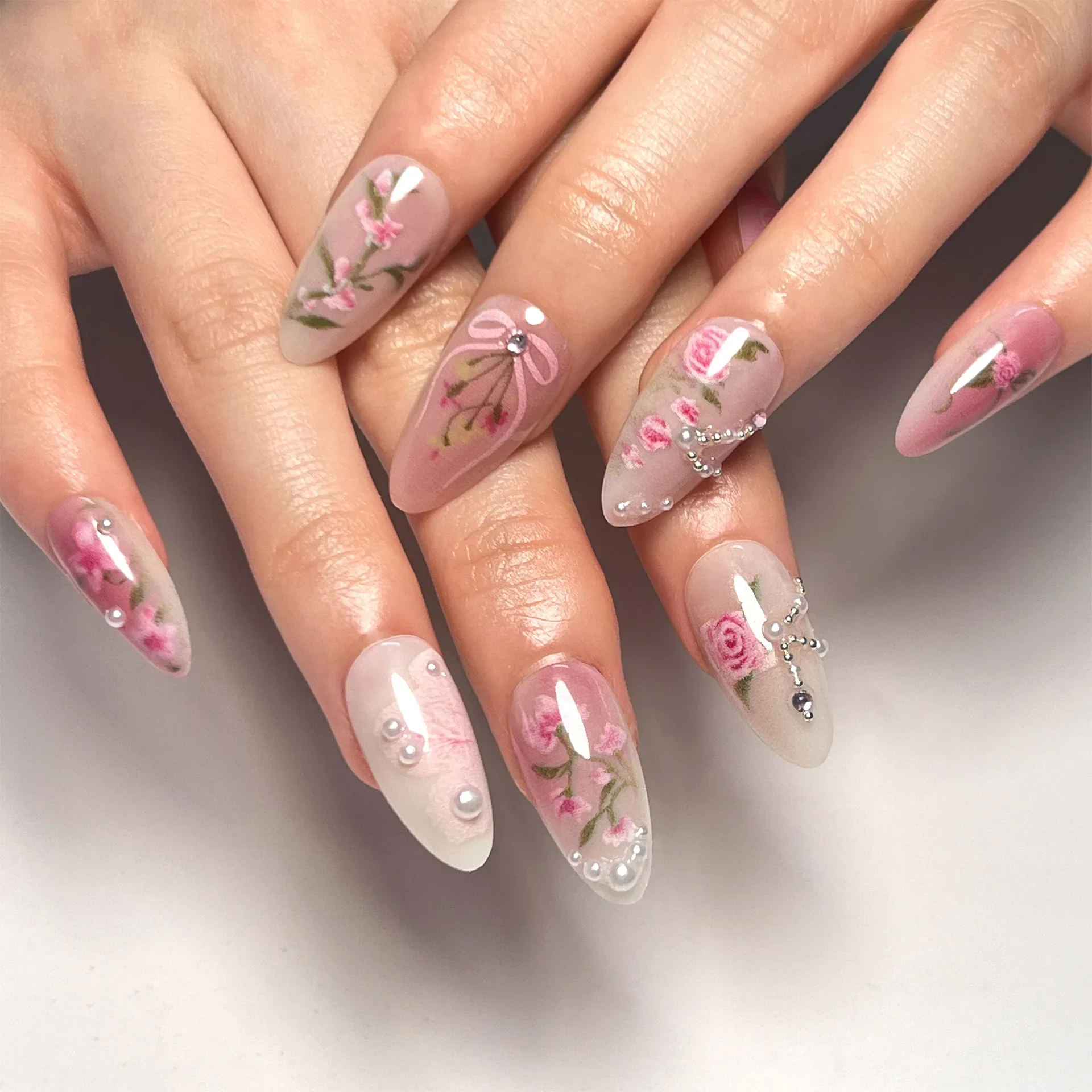 Uñas postizas francesas largas con lazo rosa, manicura ovalada, 24 piezas