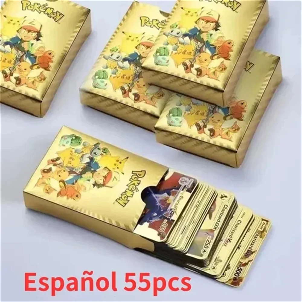 55pcs Pokemon Card English Spanish French German Gold Colorful Vmax GX EX V Cards Pikachu Charizard Collection Battle Gifts Toys