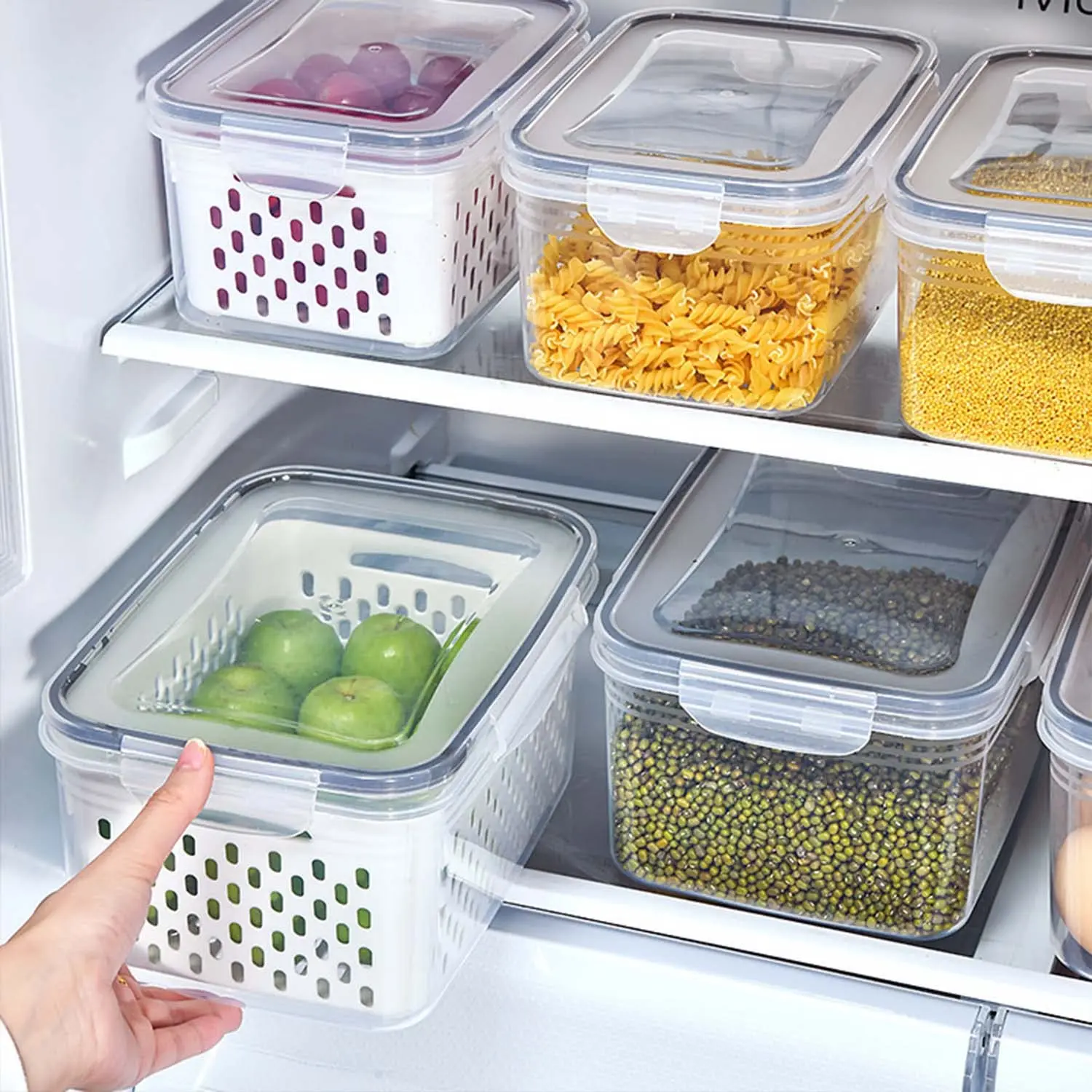 Fresh Food Storage Containers, Large Capacity Saver Box with Drain Baskets & Lids,Airtight Stackable Plastic Fruit Veggie Saver