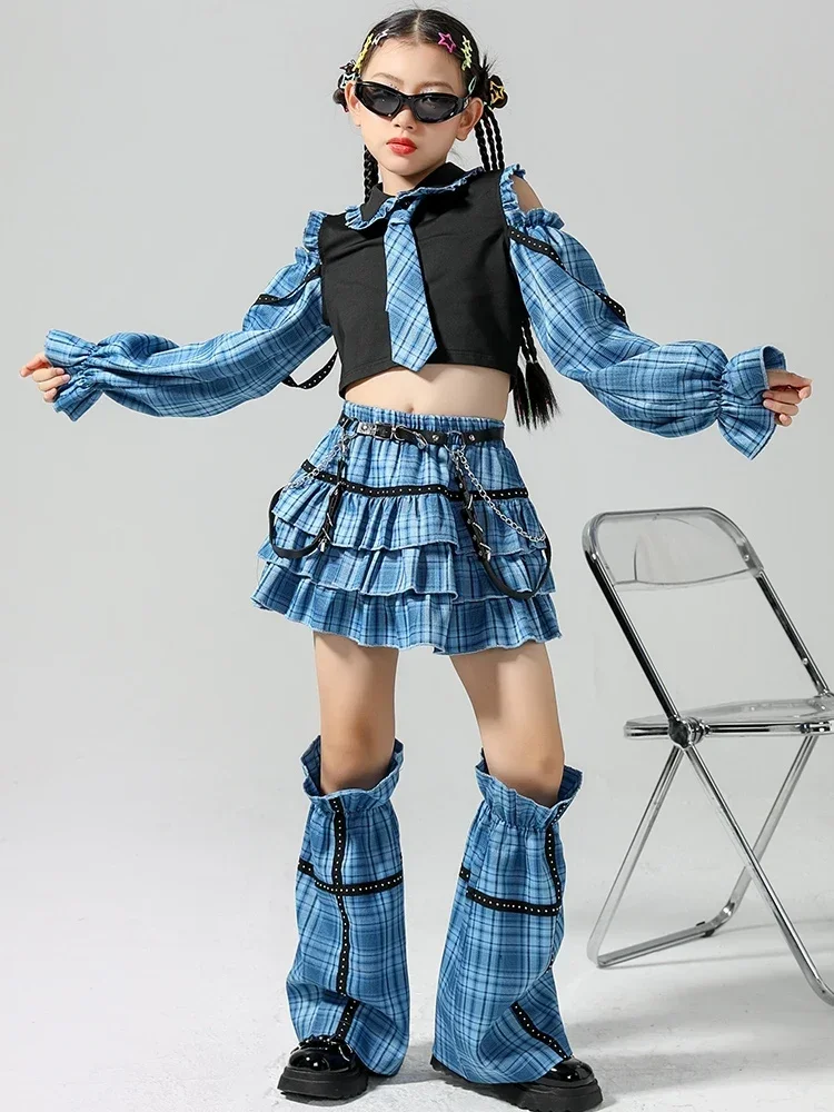 Blue Plaids Jazz Dance Costume Off-Shoulder Tops Skirt Cheerleading Uniform Fashion Festival Party Outfit Kpop Clothing DL11339