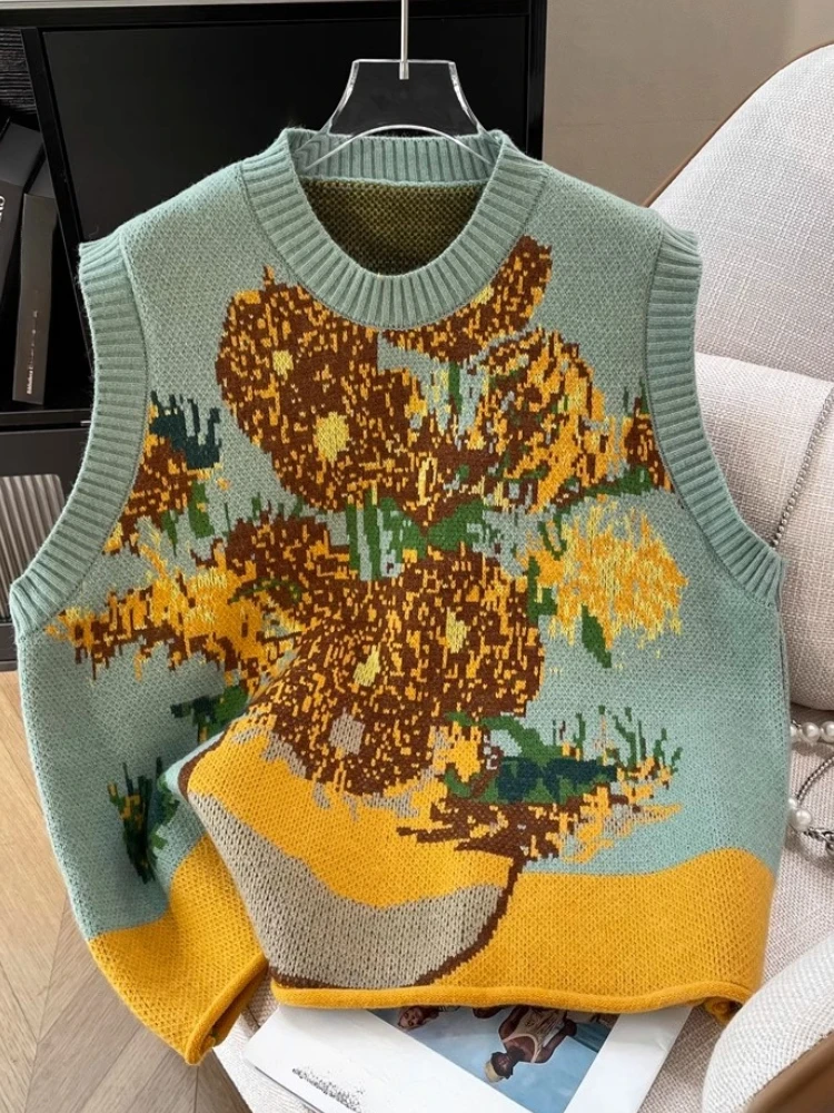 

Fashion Vintage Sweater Vest Sleeveless Flower Jacquard Casual Loose Cardigan All Match Knit Tops 2025 New Design Women Clothing