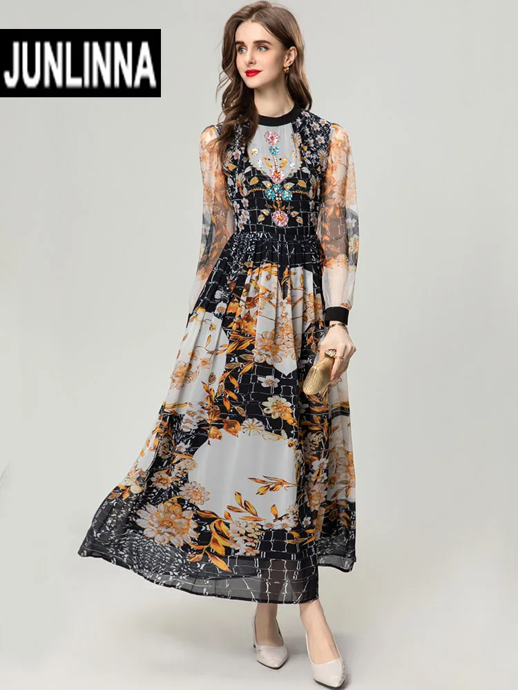 JUNLINNA High Street Women Retro Dresses Spring Summer Fashion Vintage Printing Beading Sliming Vestidos Elegant Lady