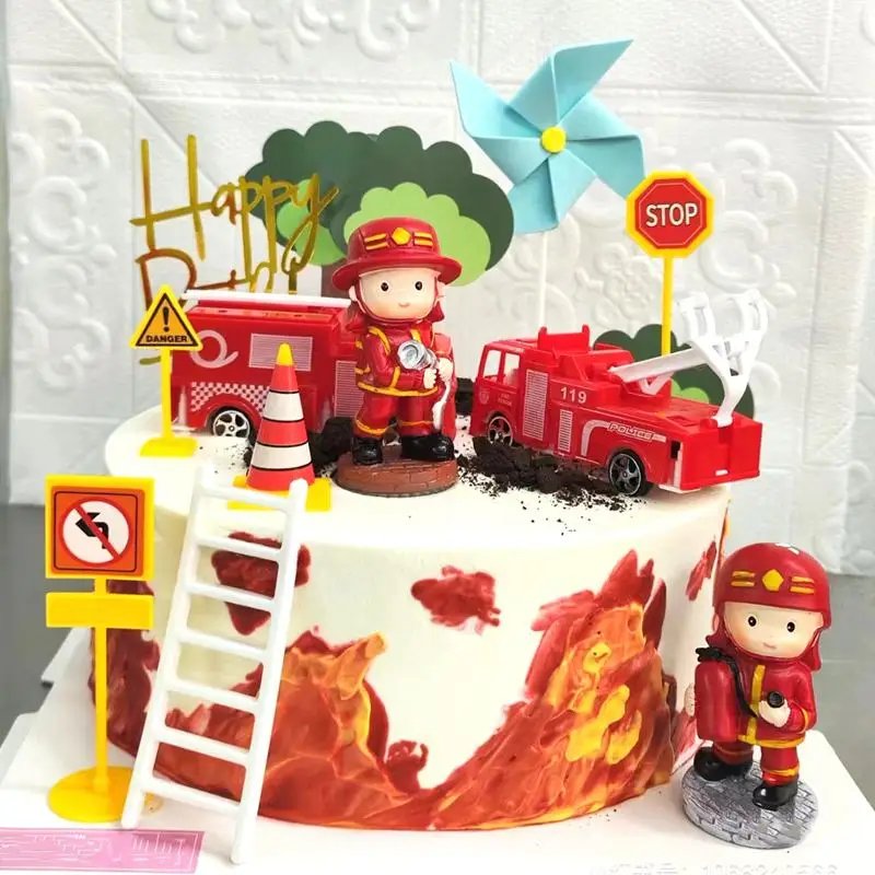 Fire Truck Fireman Cake Topper Birthday Decoration Firefighter Hero Theme Cake Topper Birthday Party Kid Gifts Cake Decoratings