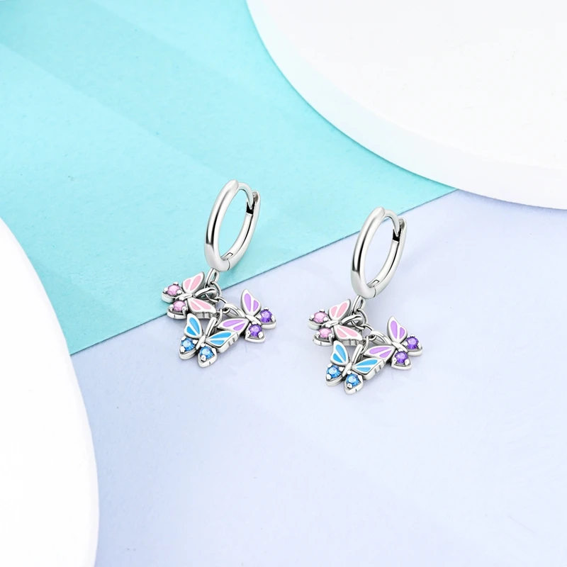Butterfly Series Earrings For Women 925 Sterling Silver Pink Bear Double Hoop Earring Fine Birthday Jewelry Valentine\'s Day Gift