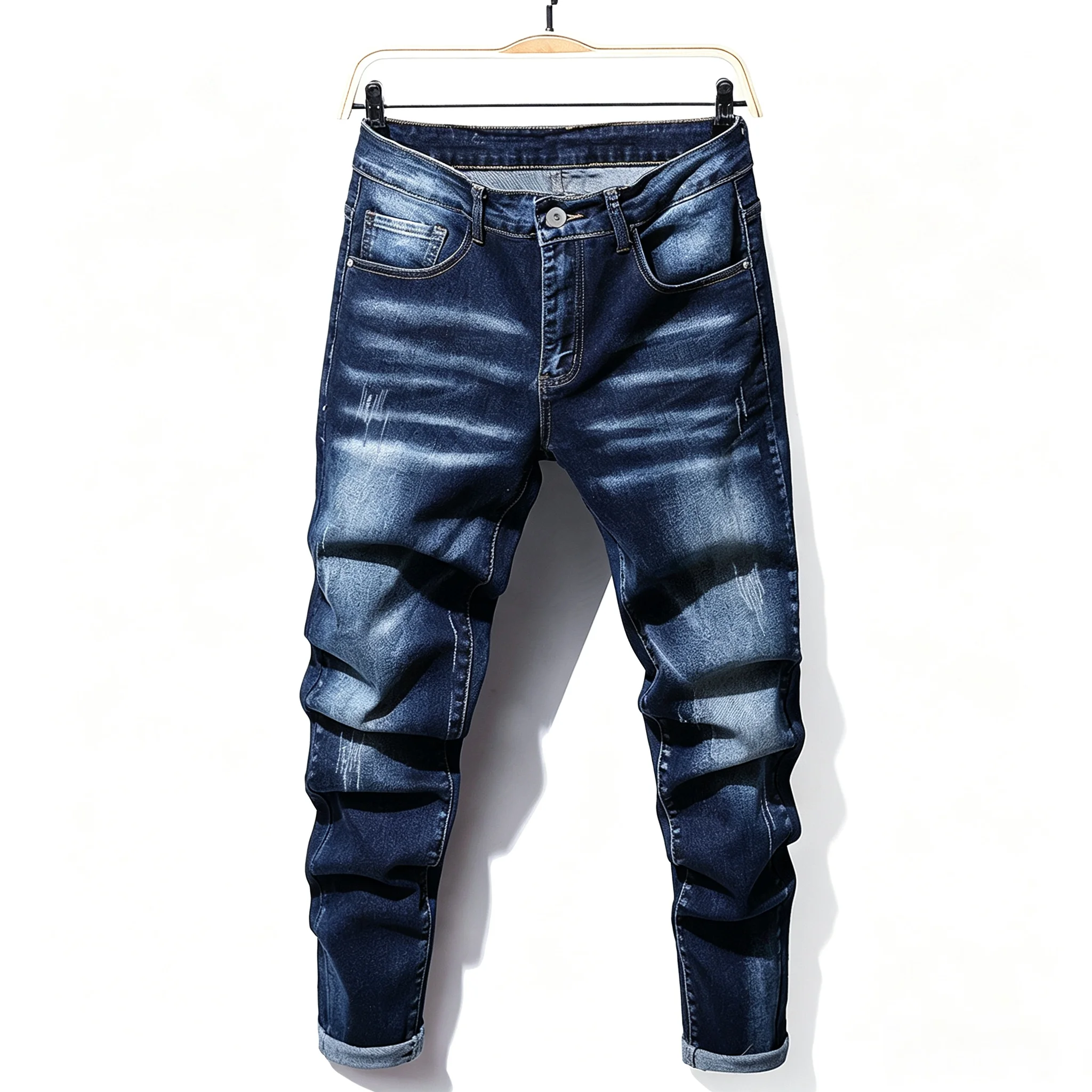 Men's High Stretch Washed Distressed Jeans Vintage Scratch Faded Denim Pants Roll‑Up Cuff Skinny Slim Fit Casual Long Trousers