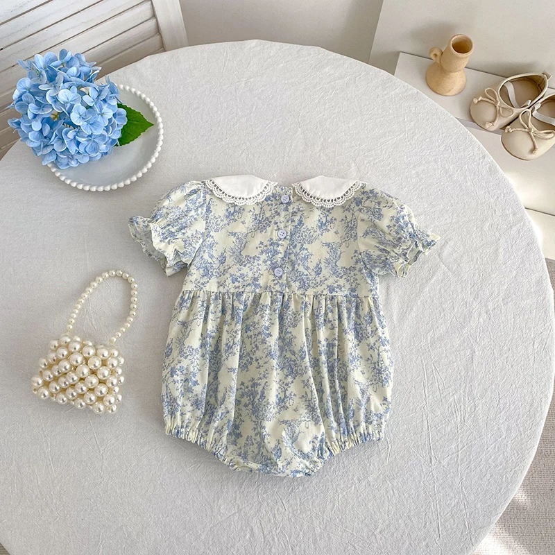 2026 Neuer Sommer-Baby-Krabbelanzug im Koreanischen Stil, Kurzärmeliger Jumpsuit für Mädchen mit Niedlichem Peter-Pan-Kragen – Detail 1