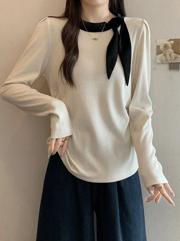 Korean Style  Knot Knitted Base Shirt Women's Spring Autumn Large Size Bright Sparkle Top Heavy Work Glitter T-Shirt