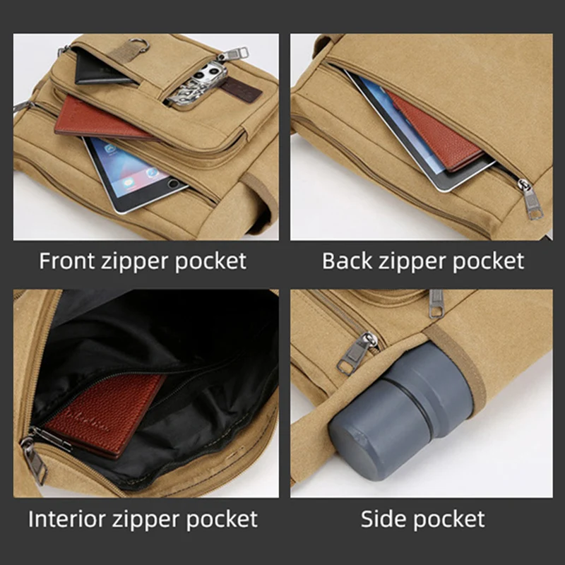 Canvas Package Commuter Shoulder Bag Large Capacity Crossbody Bags Multifunctional Pack with Bottle Pocket Casual Travel Daypack