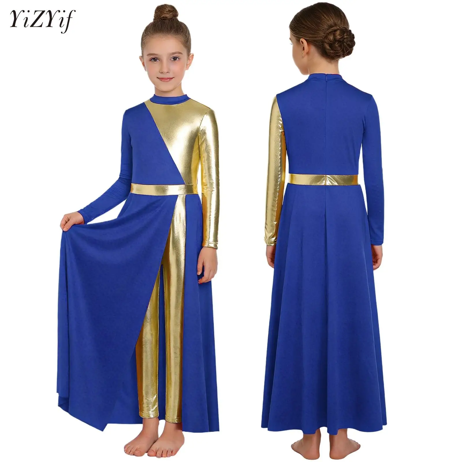 

Kids Girls Liturgical Dance Outfits Long Sleeve Color Block Split Dress with Built-in Leggings for Worship Church Choir Stage