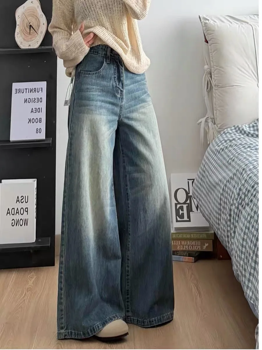 

Washed Wide Leg Jeans Women's Retro Spring Summer Thin American High Waist Draping Loose Floor-Length Knife Denim Jeans