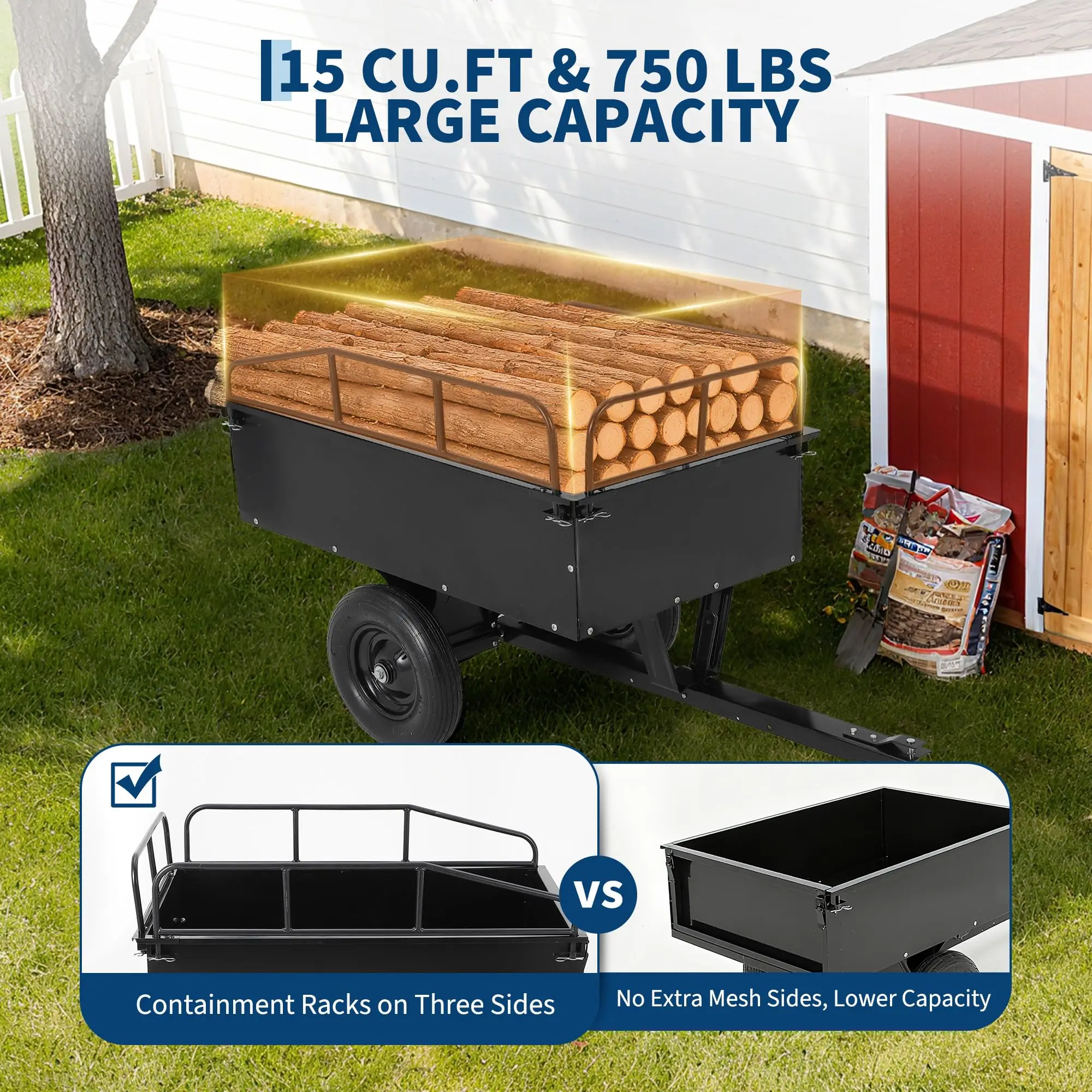 Heavy Duty ATV Trailer Steel Dump Cart Tow Behind, 750 Lb 15 Cu.Ft.
