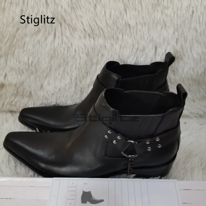 New High-Heeled Black Ankle Boots for Men Pointed Toe Zipper Men's Fashion Leather Chelsea Boots Belt Buckle Slip On Shoes