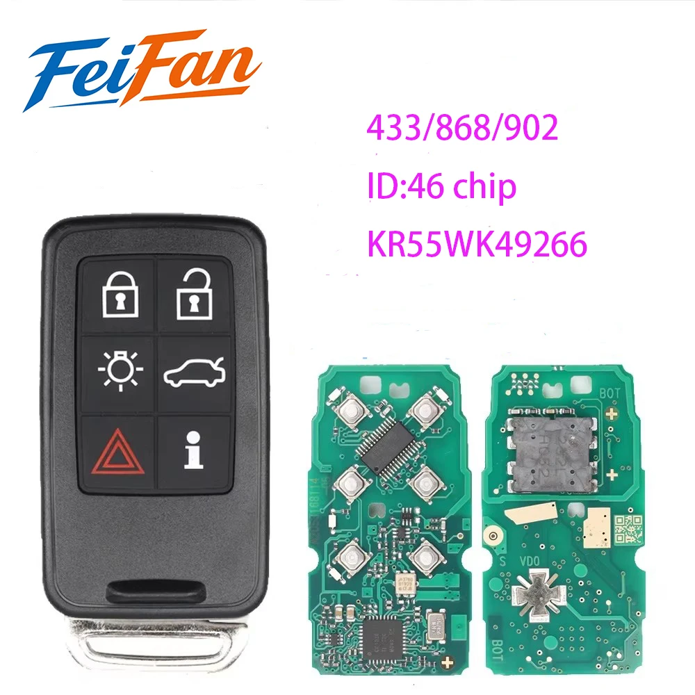 FeiFan Remote Car Key 6 Buttons 7953Chip KR55WK49266 433/902MHz For VOLVO S60 S80 V40 V60 V70 XC60 XC70 2007-2016 Auto Keyless