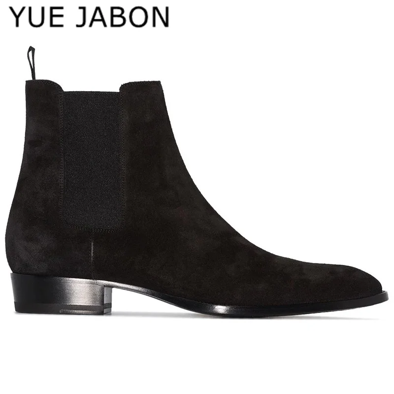 Czarne męskie Chelsea Boots wysokiej jakości krowy zamszowy kwadratowy obcas buty zimowe noszą modne buty biznesowe w stylu Casual, imprezowa codzienne buty męskie