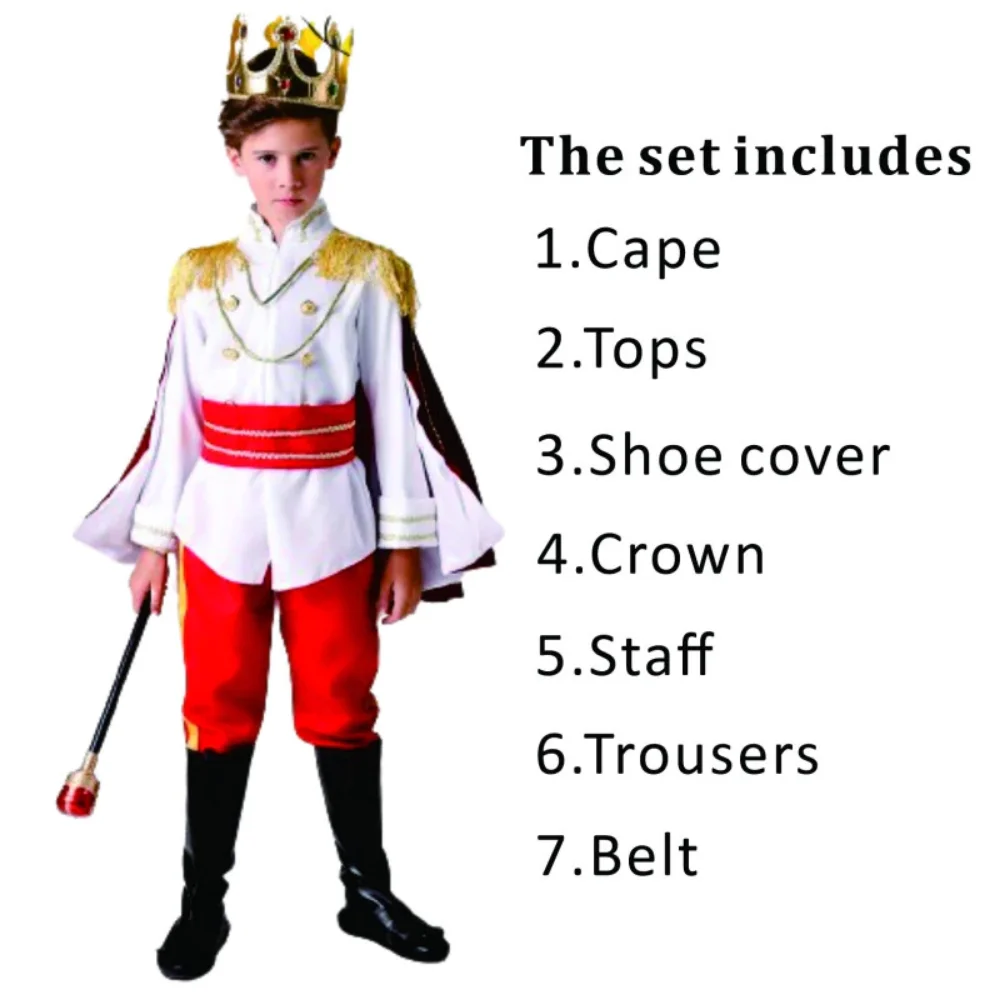

Role Playing King Cosplay Costume King Prince Halloween Prince Cosplay Dress Suit Fluffy Clothing Kid Crown Cane Party Costume